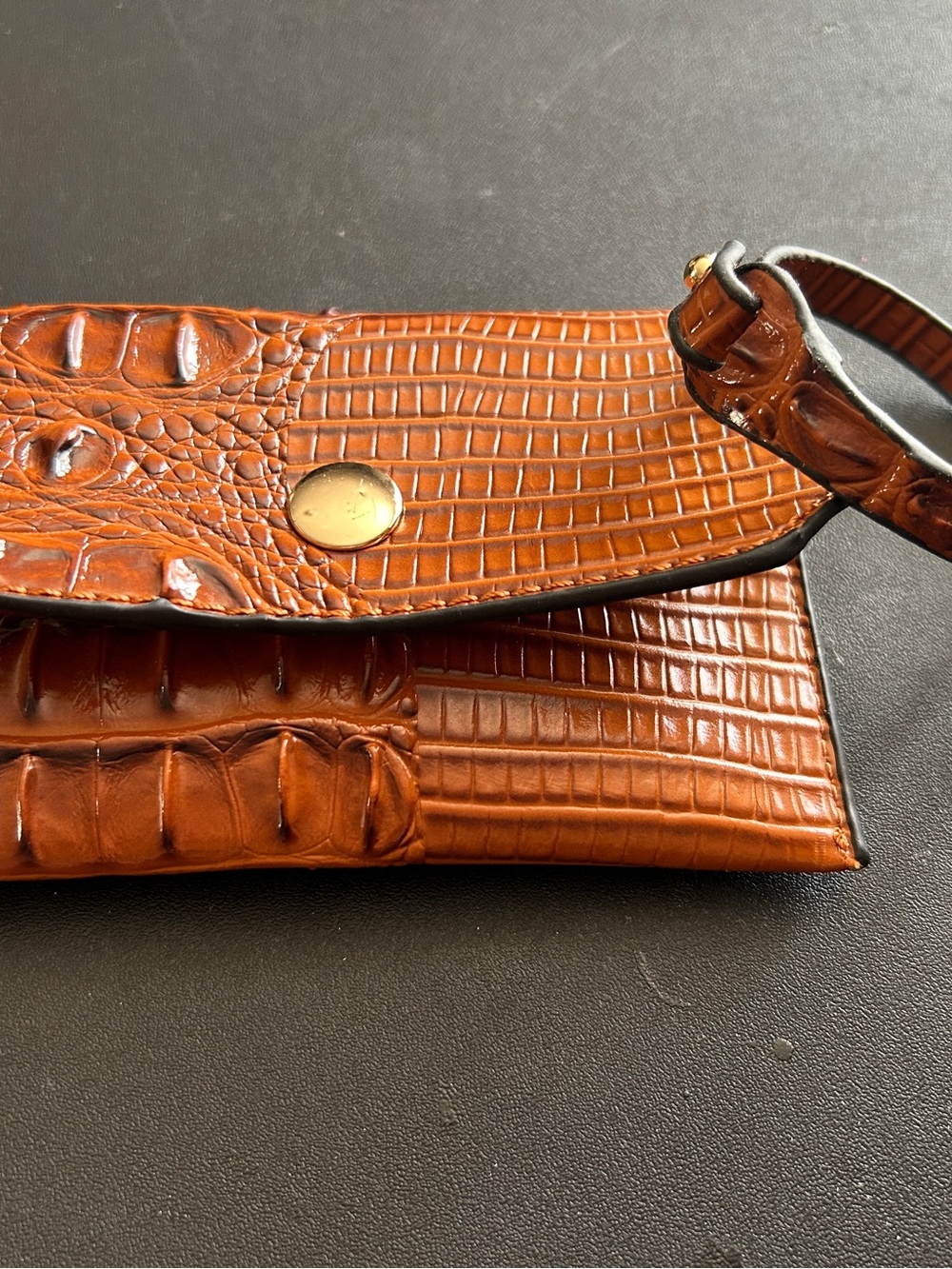 Croc Embossed Leather Clutch in Rich Cognac Brown